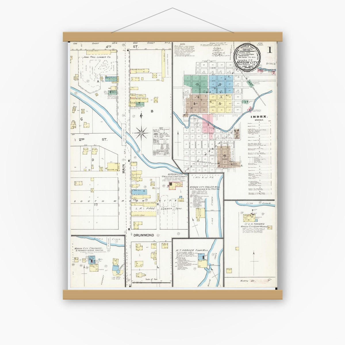 Old map wall art mockup — magnetic wood frame on white wall — Sanborn Fire Insurance Map from Mason City, Cerro Gordo County, Iowa (1892) â€” Complete Set