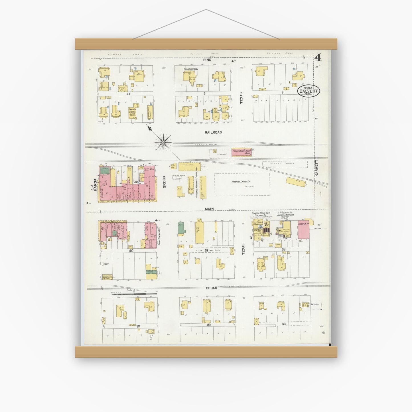 Old map wall art mockup — magnetic wood frame on white wall — Sanborn Fire Insurance Map from Calvert, Robertson County, Texas (1901), Sheet #0004