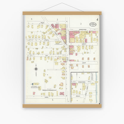 Old map wall art mockup — magnetic wood frame on white wall — Sanborn Fire Insurance Map from Athens, Bradford County, Pennsylvania (1911), Sheet #0004