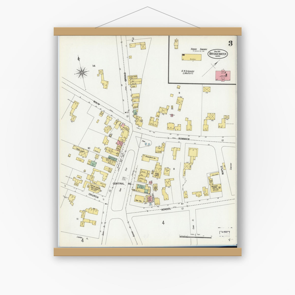 Old map wall art mockup — magnetic wood frame on white wall — Sanborn Fire Insurance Map from Bridgewater, Plymouth County, Massachusetts (1901), Sheet #0003