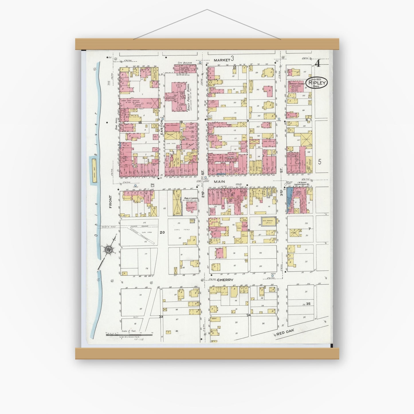 Old map wall art mockup — magnetic wood frame on white wall — Sanborn Fire Insurance Map from Ripley, Brown County, Ohio (1920), Sheet #0004