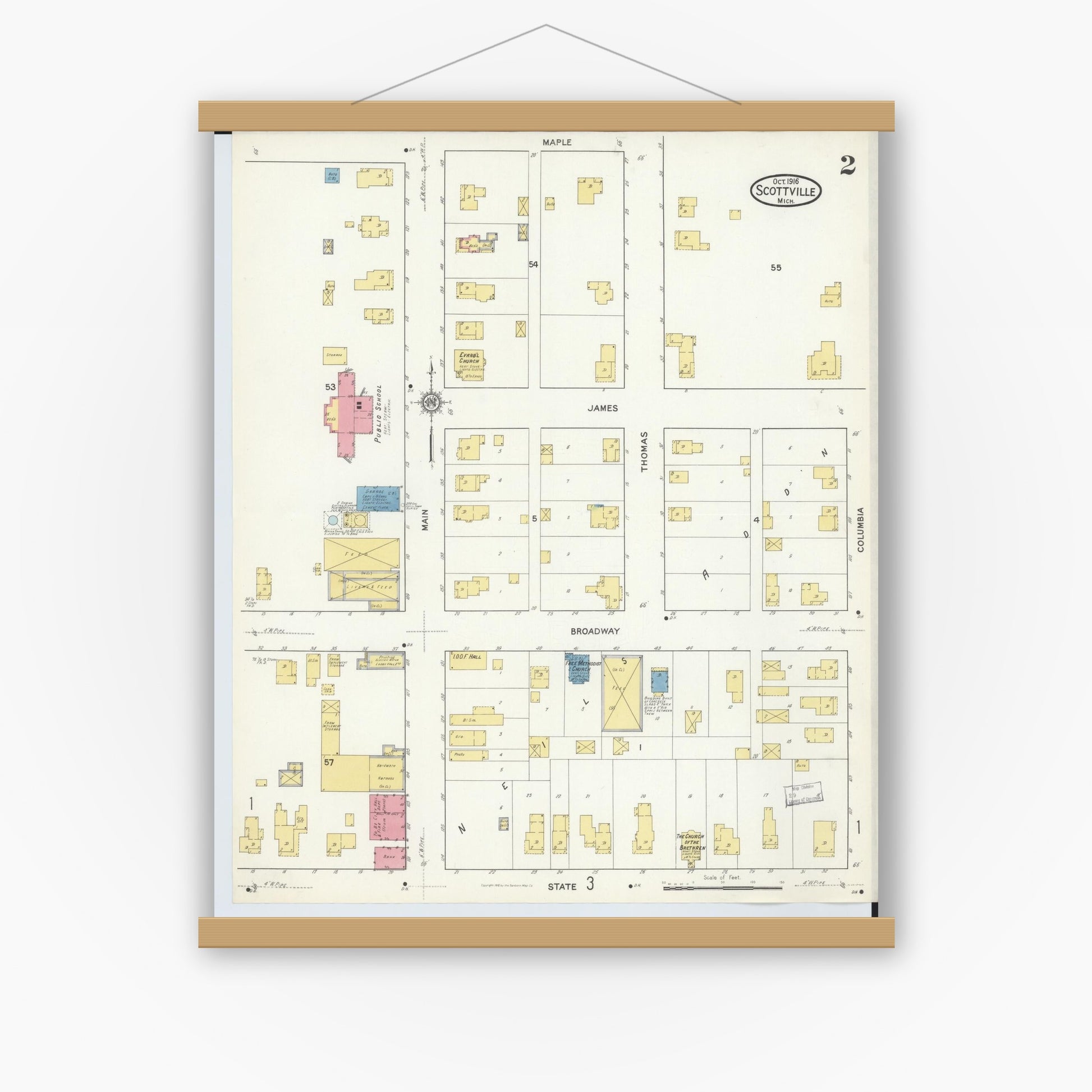 Old map wall art mockup — magnetic wood frame on white wall — Sanborn Fire Insurance Map from Scottville, Mason County, Michigan (1916), Sheet #0002