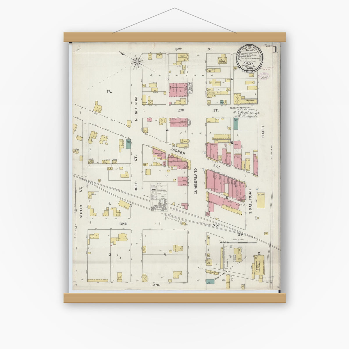 Old map wall art mockup — magnetic wood frame on white wall — Sanborn Fire Insurance Map from Casey, Clark County, Illinois (1893), Sheet #0001