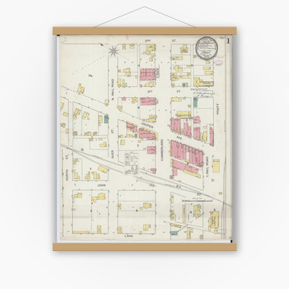 Old map wall art mockup — magnetic wood frame on white wall — Sanborn Fire Insurance Map from Casey, Clark County, Illinois (1893), Sheet #0001