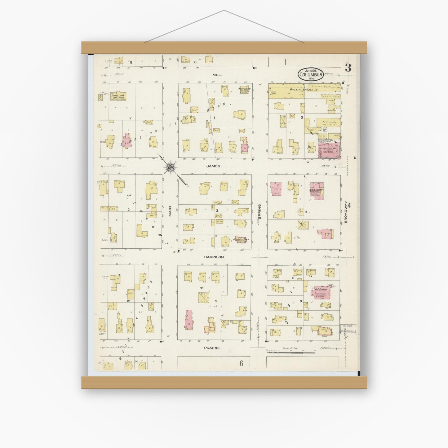 Old map wall art mockup — magnetic wood frame on white wall — Sanborn Fire Insurance Map from Columbus, Columbia and Dodge County, Wisconsin (1915), Sheet #0003