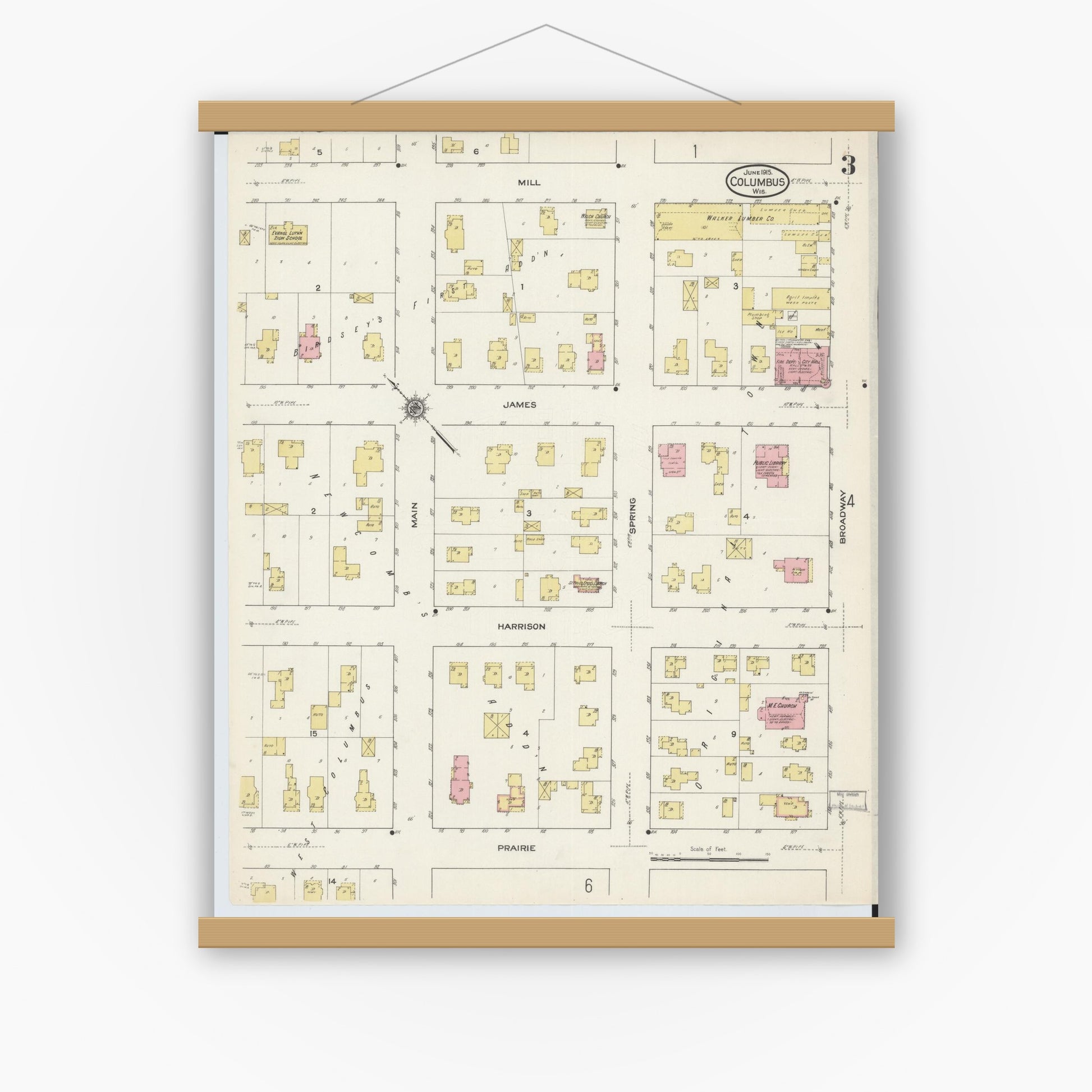 Old map wall art mockup — magnetic wood frame on white wall — Sanborn Fire Insurance Map from Columbus, Columbia and Dodge County, Wisconsin (1915), Sheet #0003