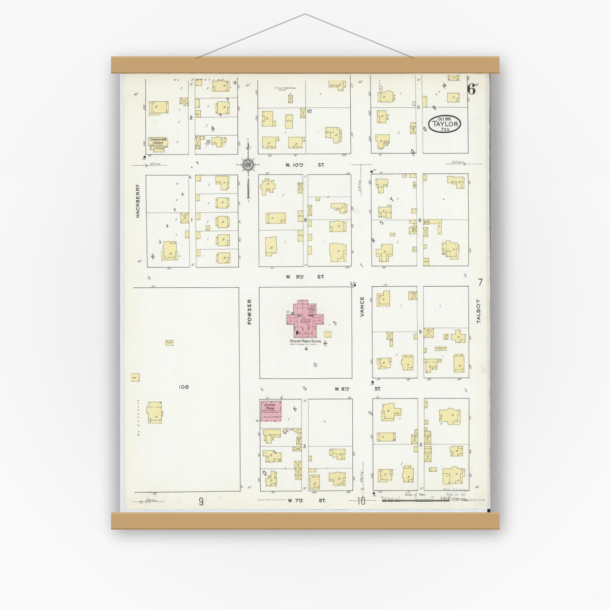 Old map wall art mockup — magnetic wood frame on white wall — Sanborn Fire Insurance Map from Taylor, Williamson County, Texas (1916), Sheet #0006