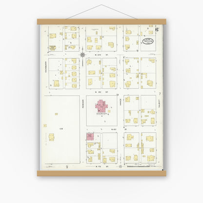 Old map wall art mockup — magnetic wood frame on white wall — Sanborn Fire Insurance Map from Taylor, Williamson County, Texas (1916), Sheet #0006