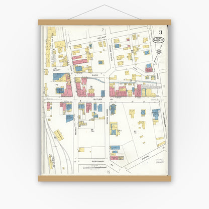 Old map wall art mockup — magnetic wood frame on white wall — Sanborn Fire Insurance Map from Ambler, Montgomery County, Pennsylvania (1921), Sheet #0003