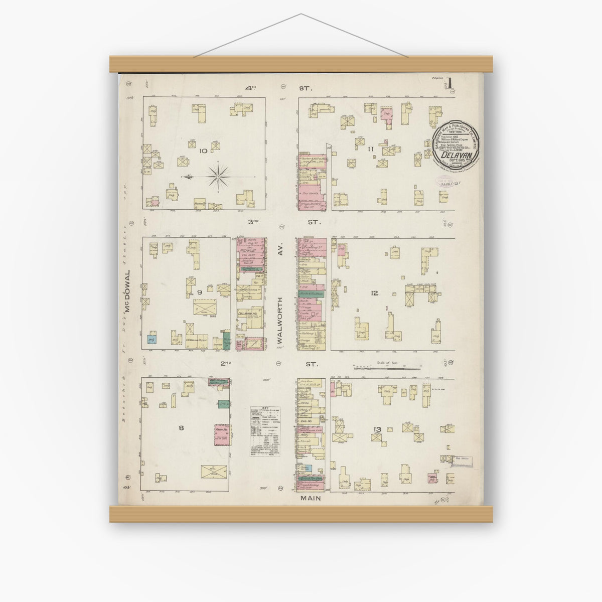 Old map wall art mockup — magnetic wood frame on white wall — Sanborn Fire Insurance Map from Delavan, Walworth County, Wisconsin (1885), Sheet #0001