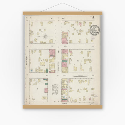 Old map wall art mockup — magnetic wood frame on white wall — Sanborn Fire Insurance Map from Delavan, Walworth County, Wisconsin (1885), Sheet #0001