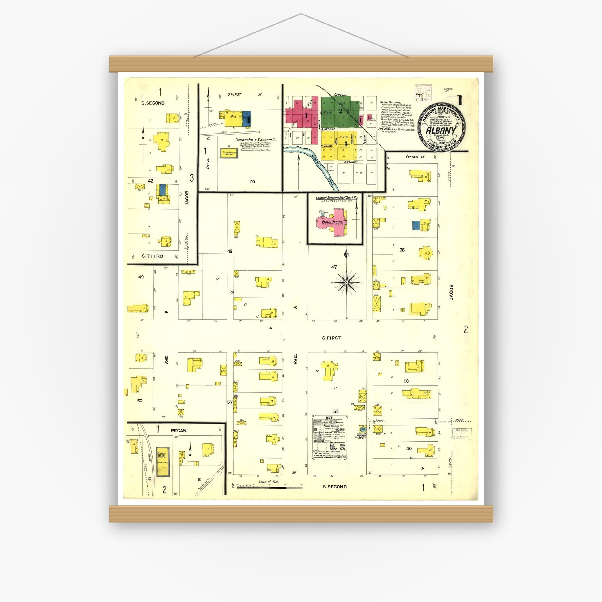 Old map wall art mockup — magnetic wood frame on white wall — Sanborn Fire Insurance Map from Albany, Shackelford County, Texas (1908), Sheet #0001