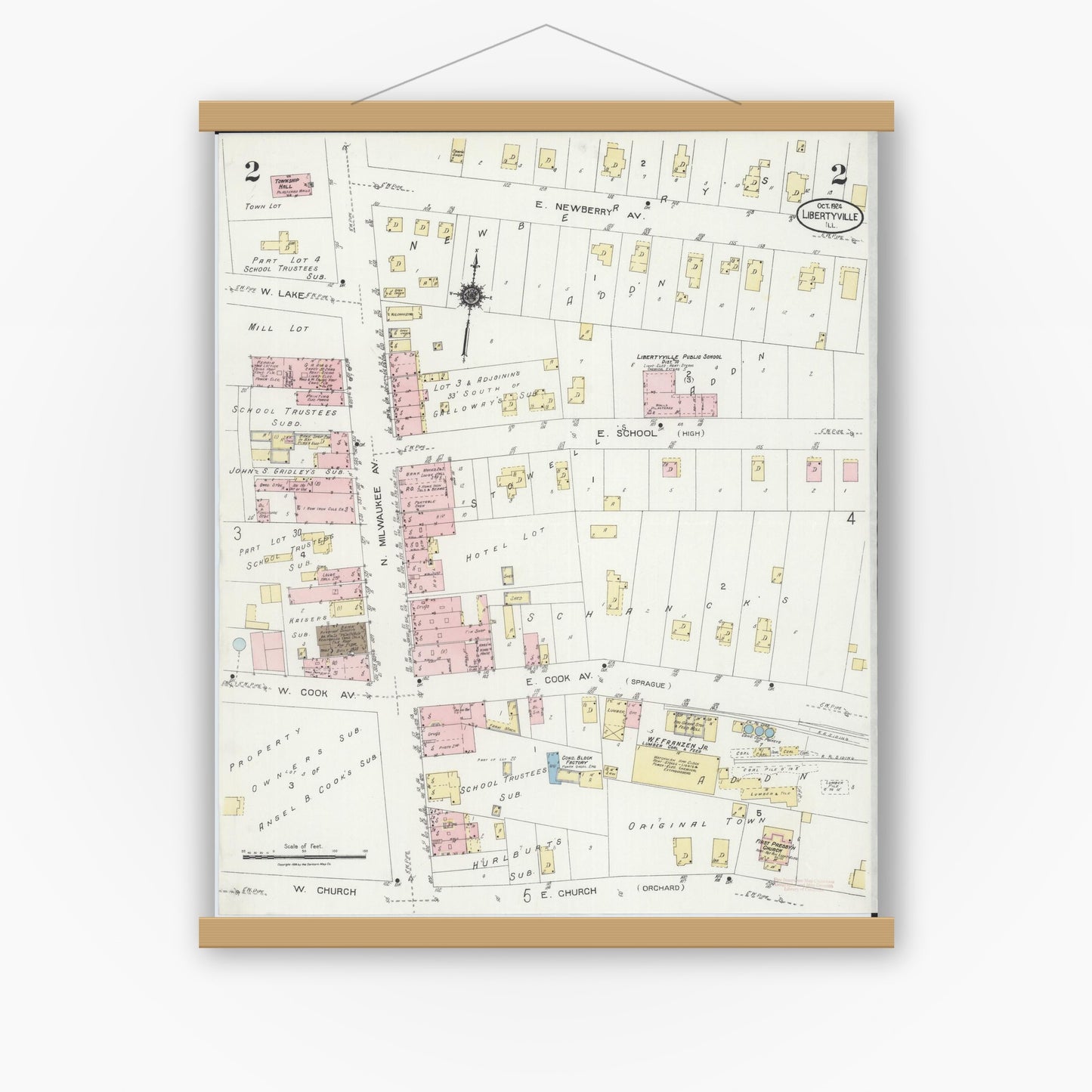 Old map wall art mockup — magnetic wood frame on white wall — Sanborn Fire Insurance Map from Libertyville, Lake County, Illinois (1924), Sheet #0002