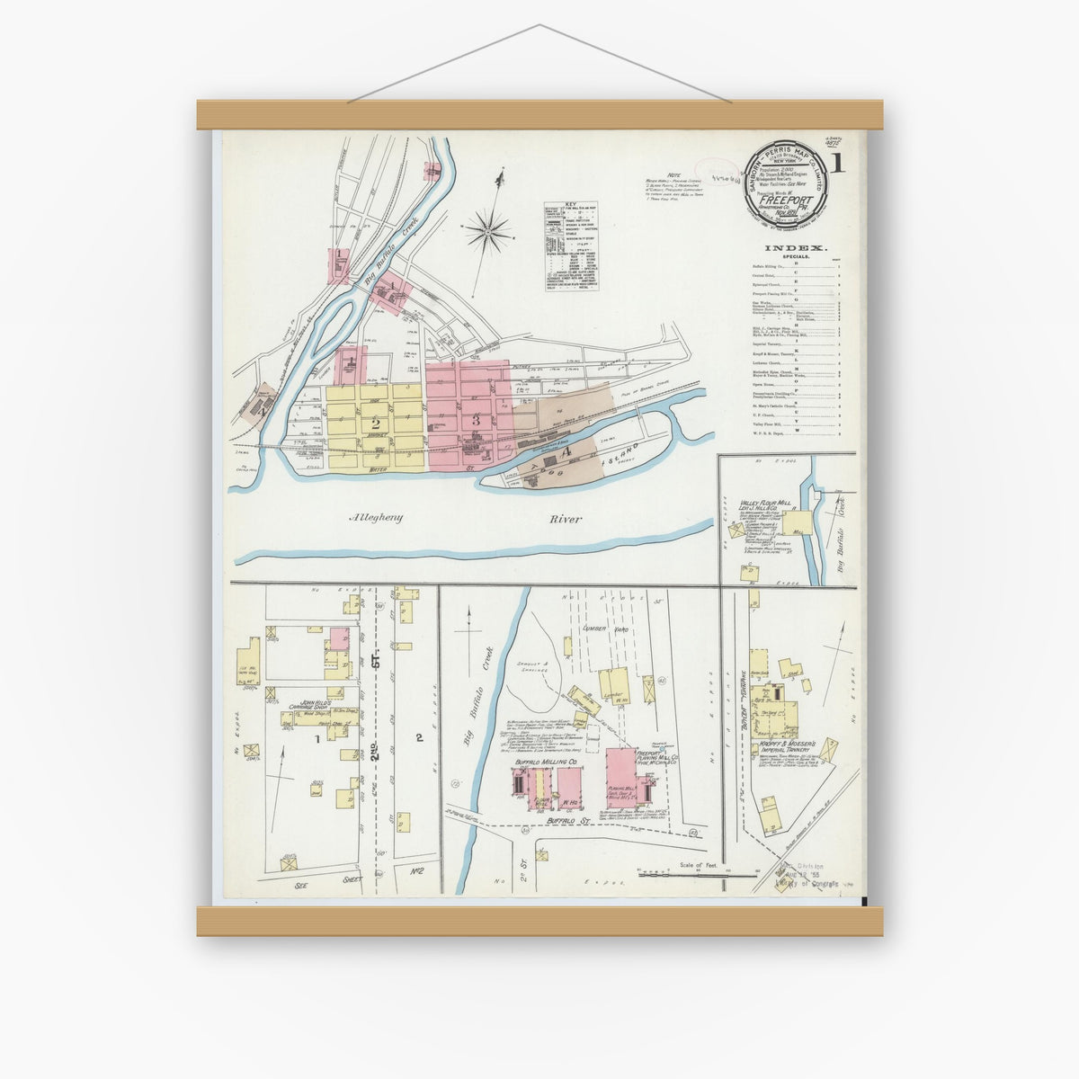 Old map wall art mockup — magnetic wood frame on white wall — Sanborn Fire Insurance Map from Freeport, Armstrong County, Pennsylvania (1891), Sheet #0001