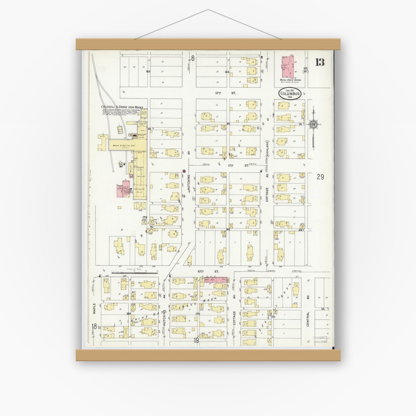 Old map wall art mockup — magnetic wood frame on white wall — Sanborn Fire Insurance Map from Columbus, Bartholomew County, Indiana (1912), Sheet #0013
