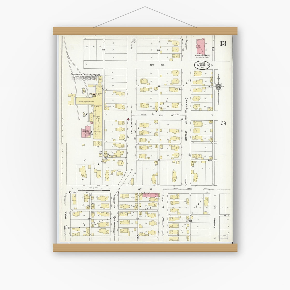 Old map wall art mockup — magnetic wood frame on white wall — Sanborn Fire Insurance Map from Columbus, Bartholomew County, Indiana (1912), Sheet #0013