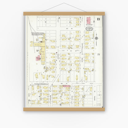 Old map wall art mockup — magnetic wood frame on white wall — Sanborn Fire Insurance Map from Columbus, Bartholomew County, Indiana (1912), Sheet #0013