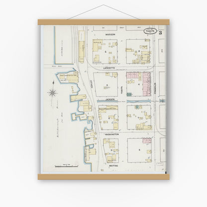 Old map wall art mockup — magnetic wood frame on white wall — Sanborn Fire Insurance Map from Tampa, Hillsborough County, Florida (1889), Sheet #0003