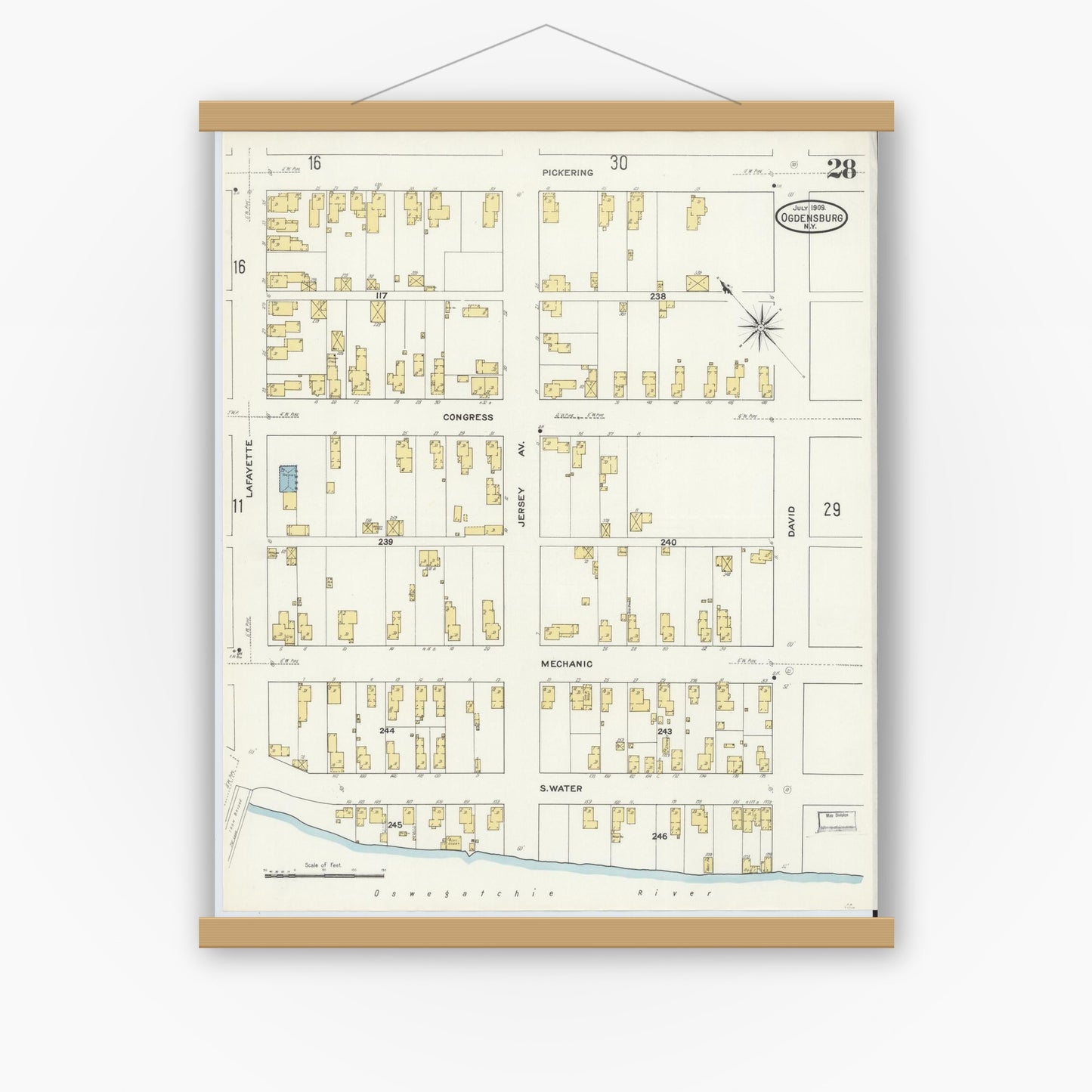 Old map wall art mockup — magnetic wood frame on white wall — Sanborn Fire Insurance Map from Ogdensburg, St. Lawrence County, New York (1909), Sheet #0028