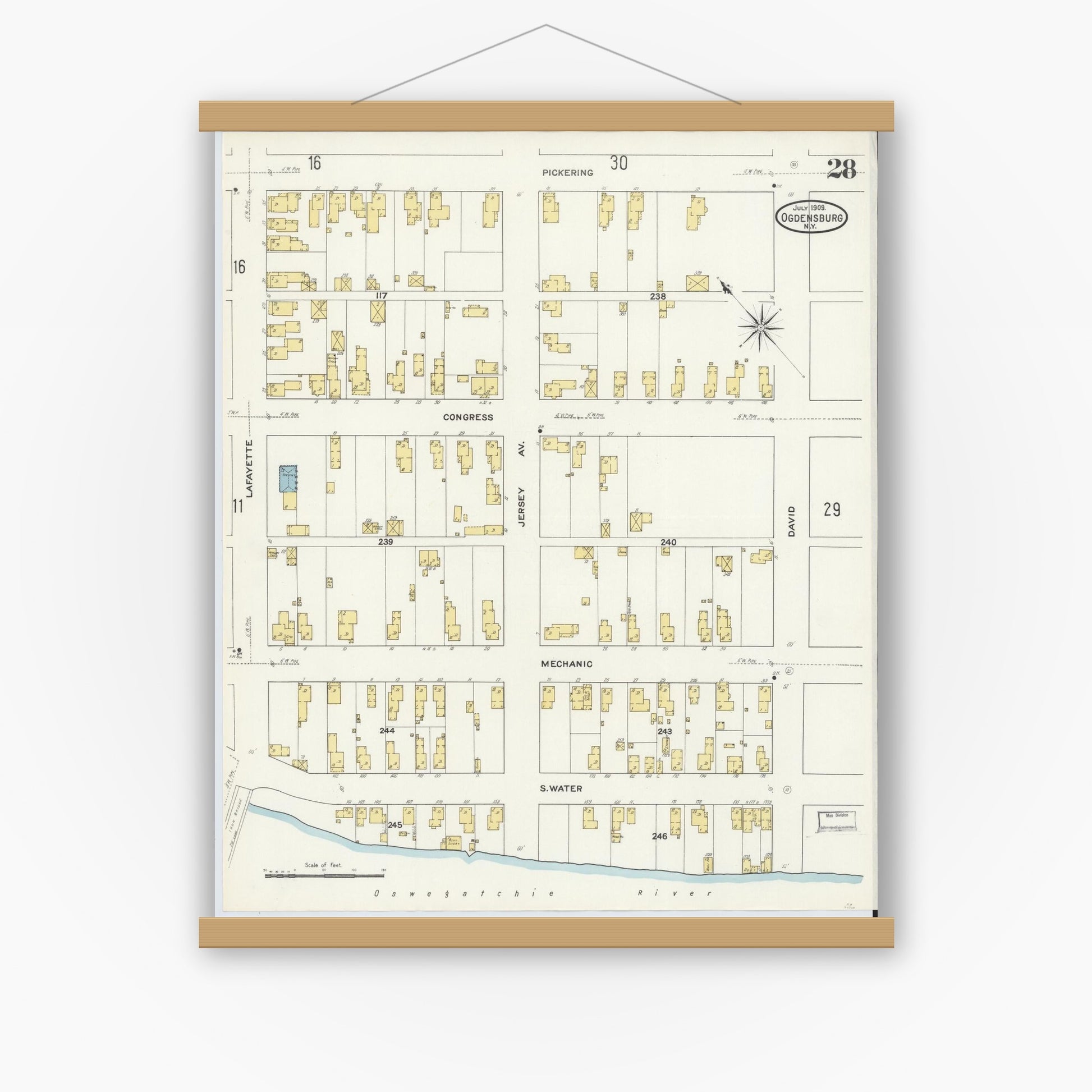 Old map wall art mockup — magnetic wood frame on white wall — Sanborn Fire Insurance Map from Ogdensburg, St. Lawrence County, New York (1909), Sheet #0028