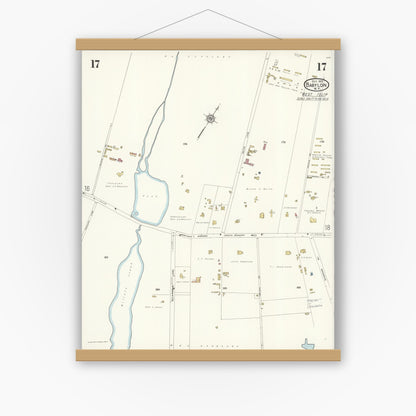 Old map wall art mockup — magnetic wood frame on white wall — Sanborn Fire Insurance Map from Babylon, Suffolk County, New York (1923), Sheet #0017