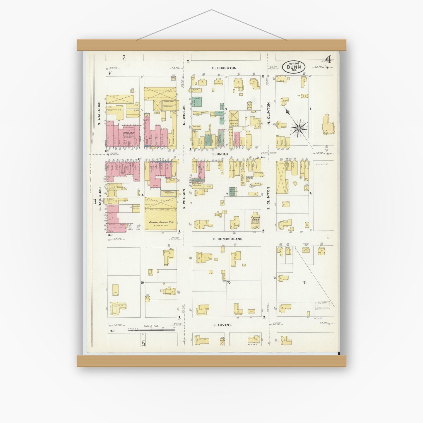 Old map wall art mockup — magnetic wood frame on white wall — Sanborn Fire Insurance Map from Dunn, Harnett County, North Carolina (1908), Sheet #0004