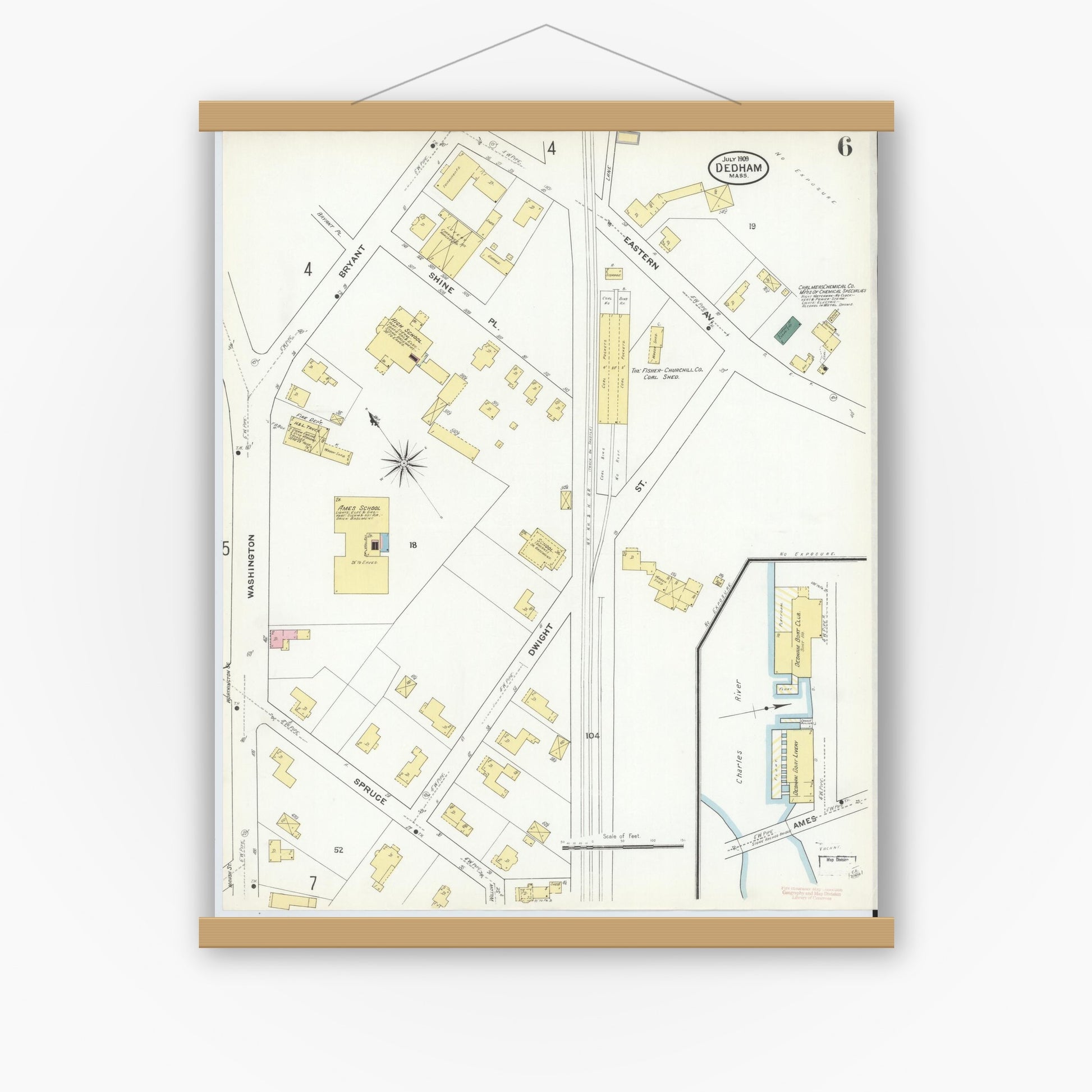 Old map wall art mockup — magnetic wood frame on white wall — Sanborn Fire Insurance Map from Dedham, Norfolk County, Massachusetts (1909), Sheet #0006