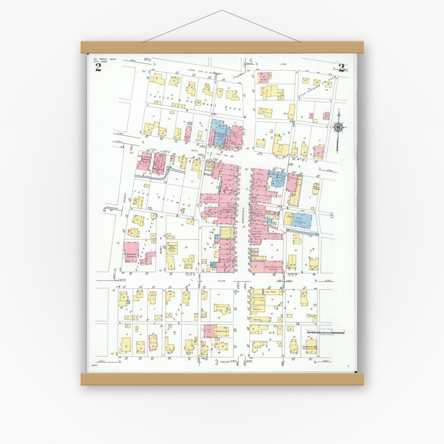Old map wall art mockup — magnetic wood frame on white wall — Sanborn Fire Insurance Map from Saint Paris, Champaign County, Ohio (1948), Sheet #0002