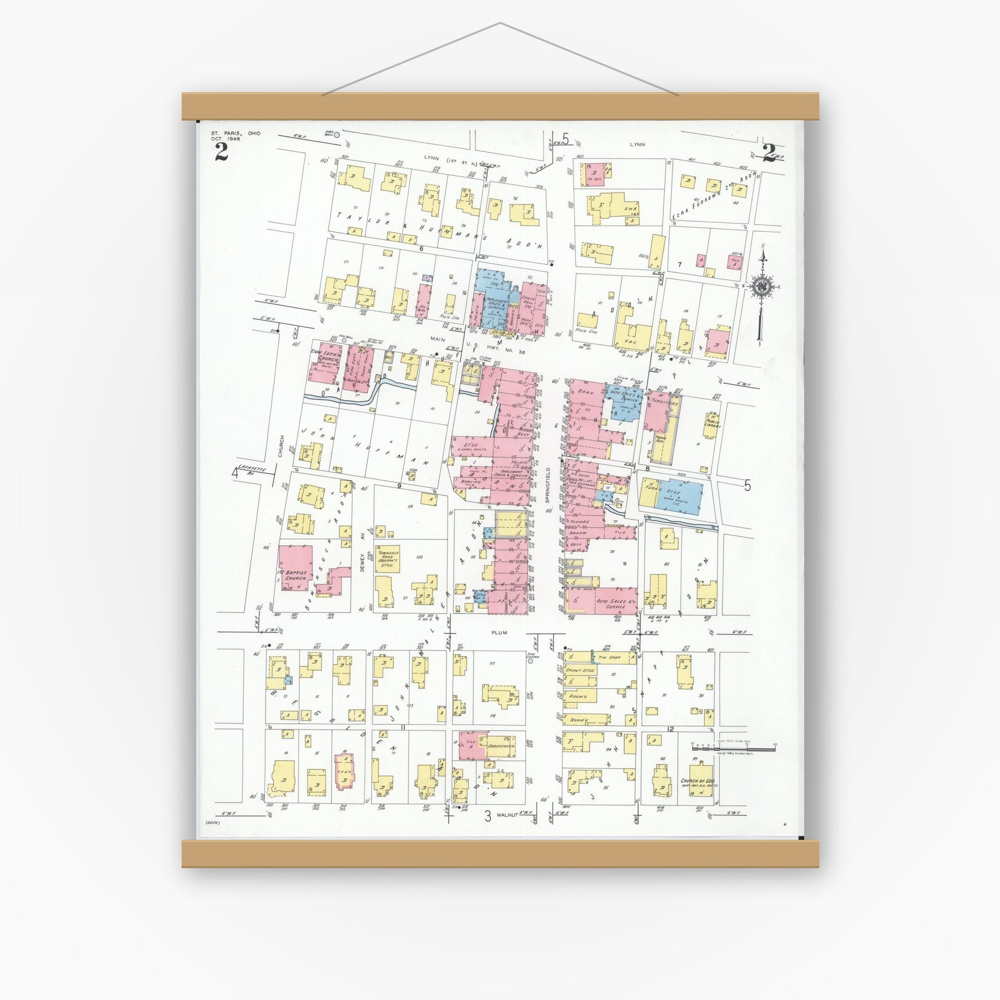Old map wall art mockup — magnetic wood frame on white wall — Sanborn Fire Insurance Map from Saint Paris, Champaign County, Ohio (1948), Sheet #0002