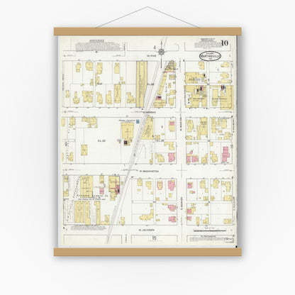 Old map wall art mockup — magnetic wood frame on white wall — Sanborn Fire Insurance Map from Martinsville, Morgan County, Indiana (1916), Sheet #0010