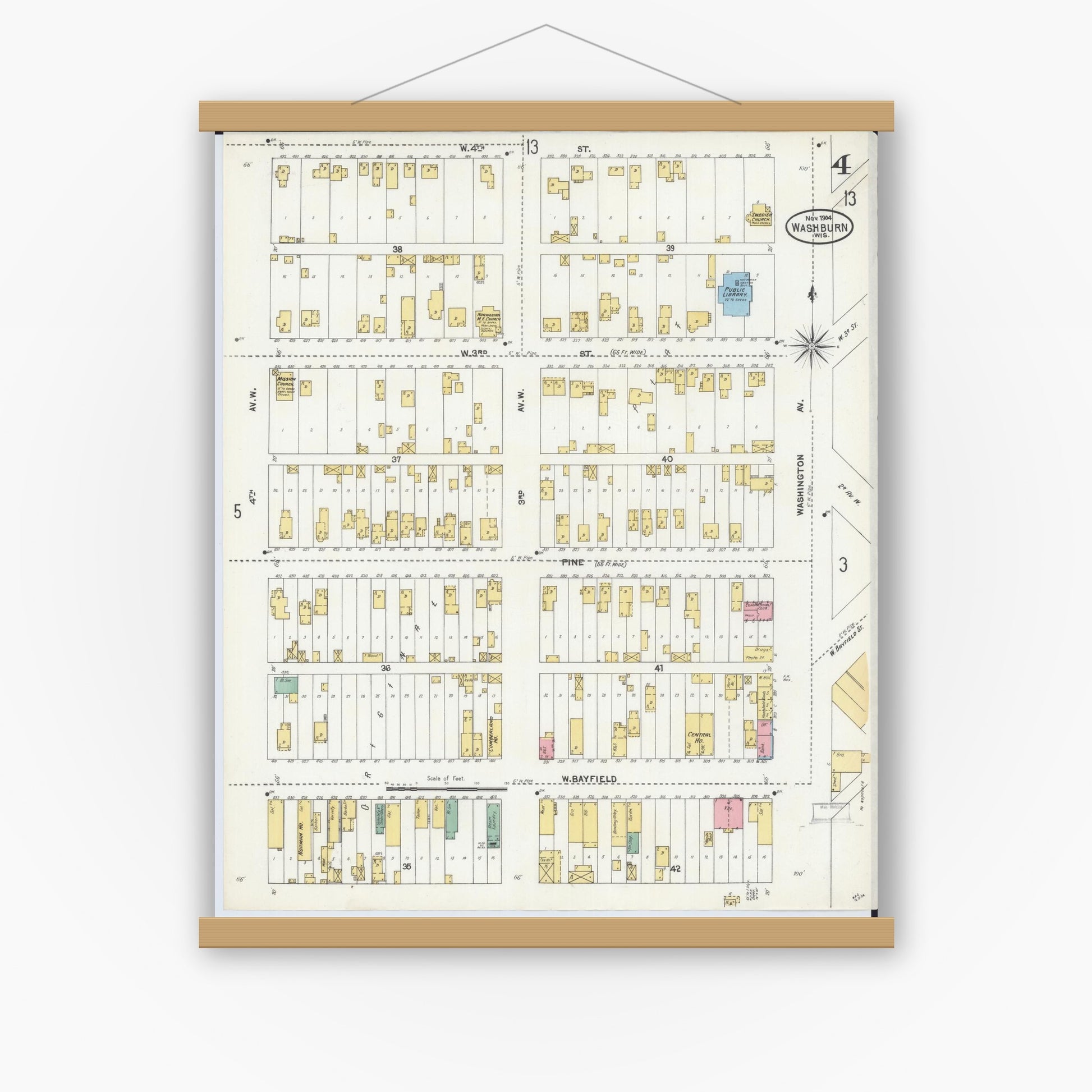 Old map wall art mockup — magnetic wood frame on white wall — Sanborn Fire Insurance Map from Washburn, Bayfield County, Wisconsin (1904), Sheet #0004