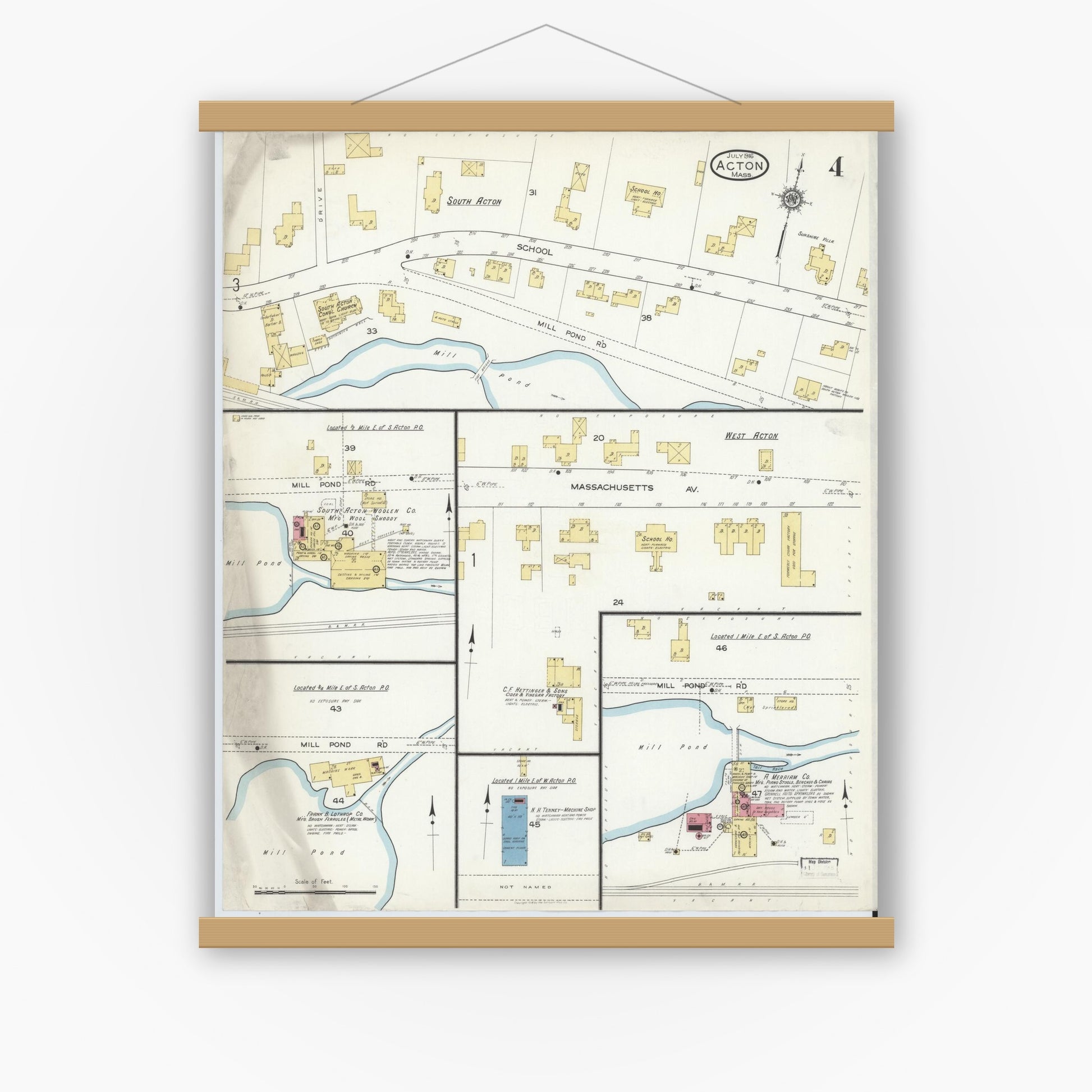 Old map wall art mockup — magnetic wood frame on white wall — Sanborn Fire Insurance Map from Acton, Middlesex County, Massachusetts (1916), Sheet #0004