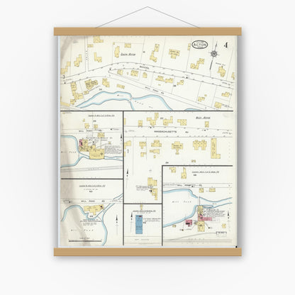 Old map wall art mockup — magnetic wood frame on white wall — Sanborn Fire Insurance Map from Acton, Middlesex County, Massachusetts (1916), Sheet #0004