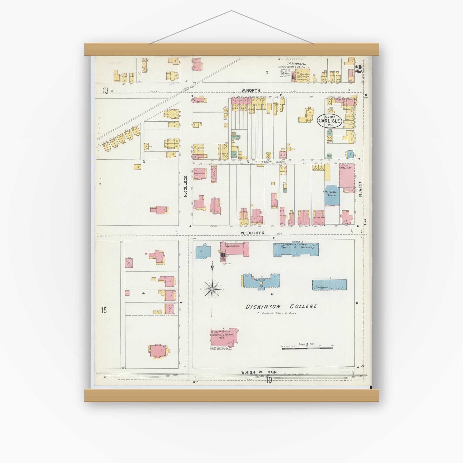 Old map wall art mockup — magnetic wood frame on white wall — Sanborn Fire Insurance Map from Carlisle, Cumberland County, Pennsylvania (1902), Sheet #0002