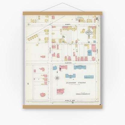 Old map wall art mockup — magnetic wood frame on white wall — Sanborn Fire Insurance Map from Carlisle, Cumberland County, Pennsylvania (1902), Sheet #0002