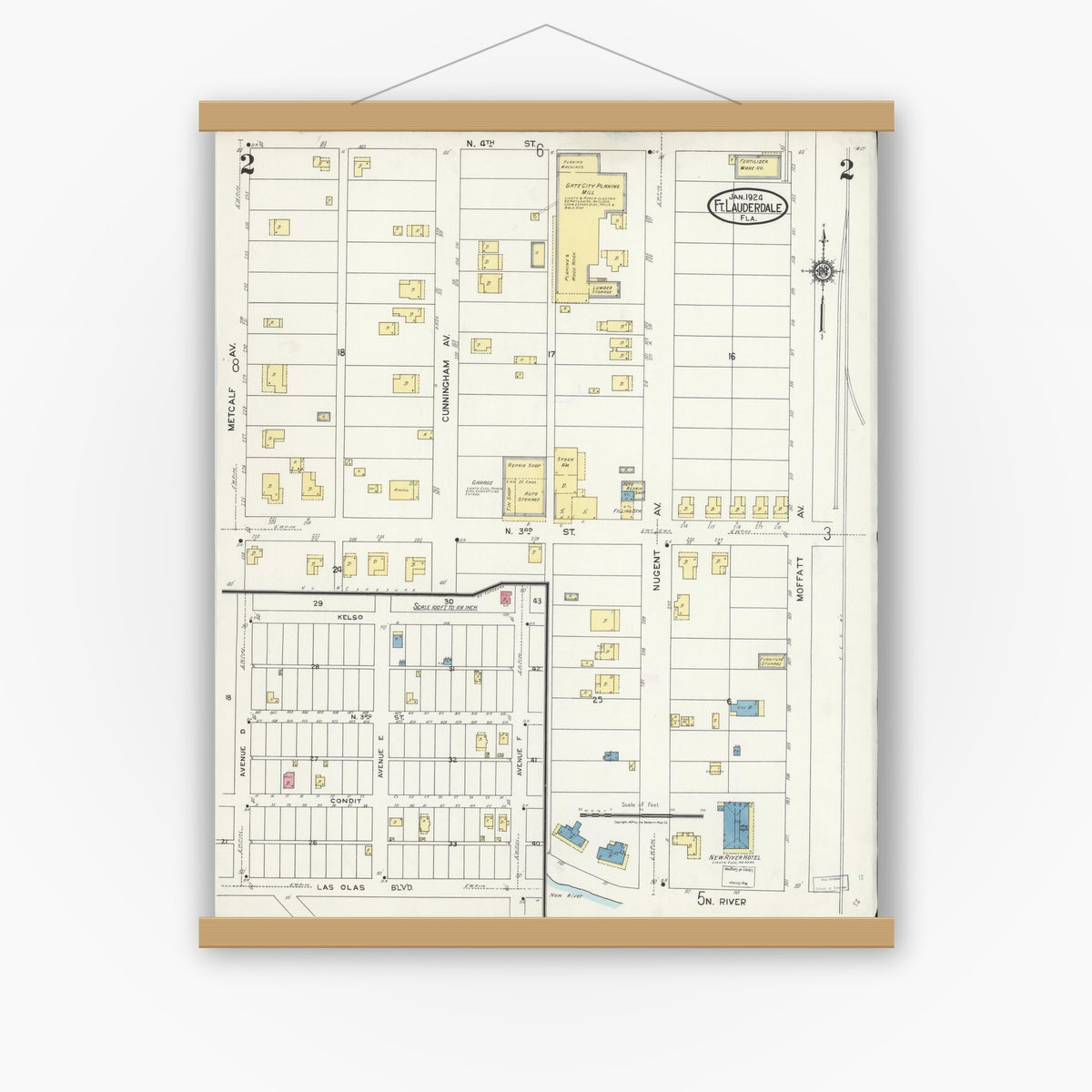 Old map wall art mockup — magnetic wood frame on white wall — Sanborn Fire Insurance Map from Fort Lauderdale, Broward County, Florida (1924), Sheet #0002