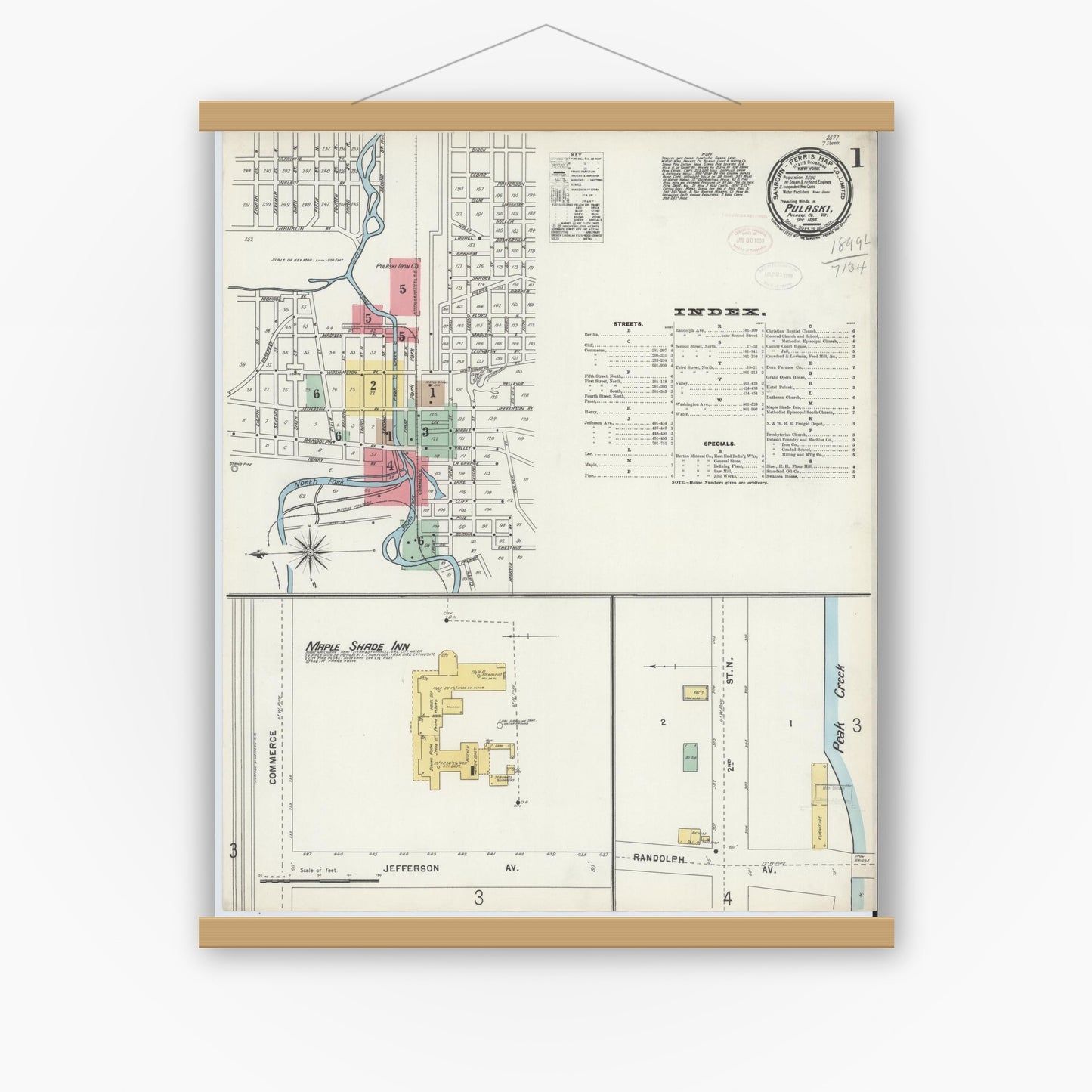 Old map wall art mockup — magnetic wood frame on white wall — Sanborn Fire Insurance Map from Pulaski, Pulaski County, Virginia (1898), Sheet #0001