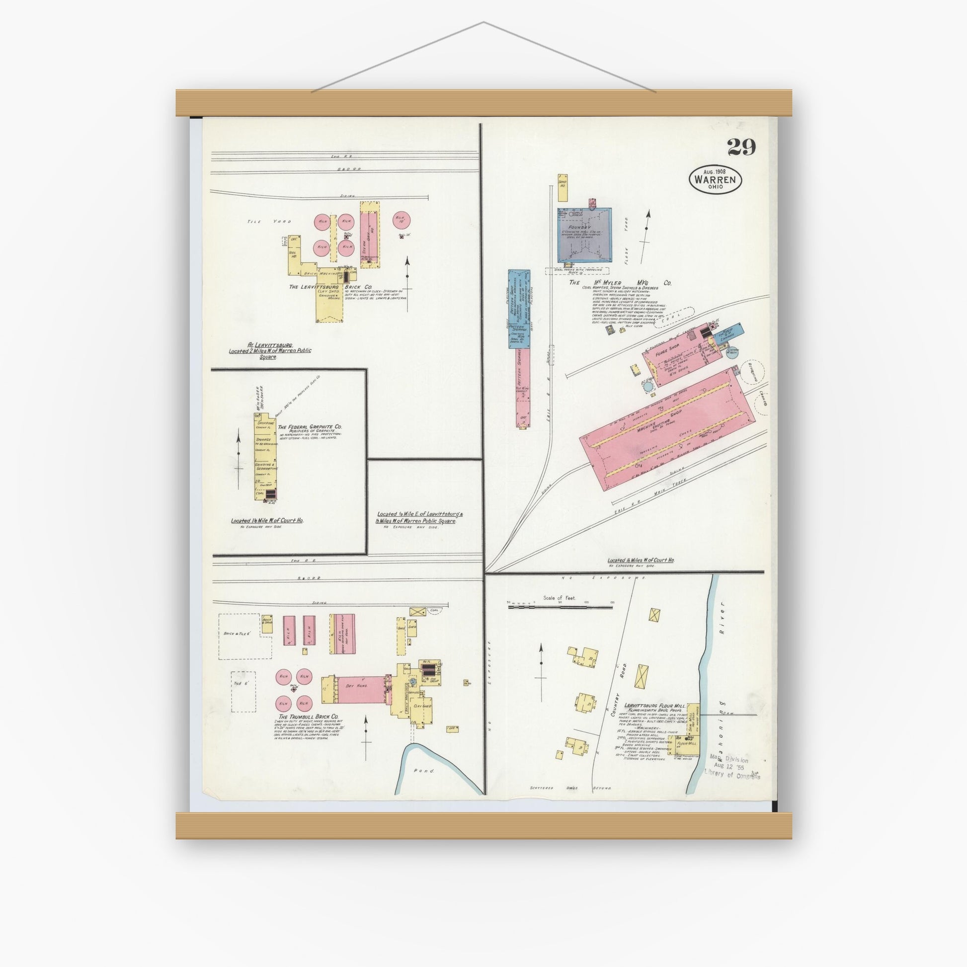 Old map wall art mockup — magnetic wood frame on white wall — Sanborn Fire Insurance Map from Warren, Trumbull County, Ohio (1908), Sheet #0029