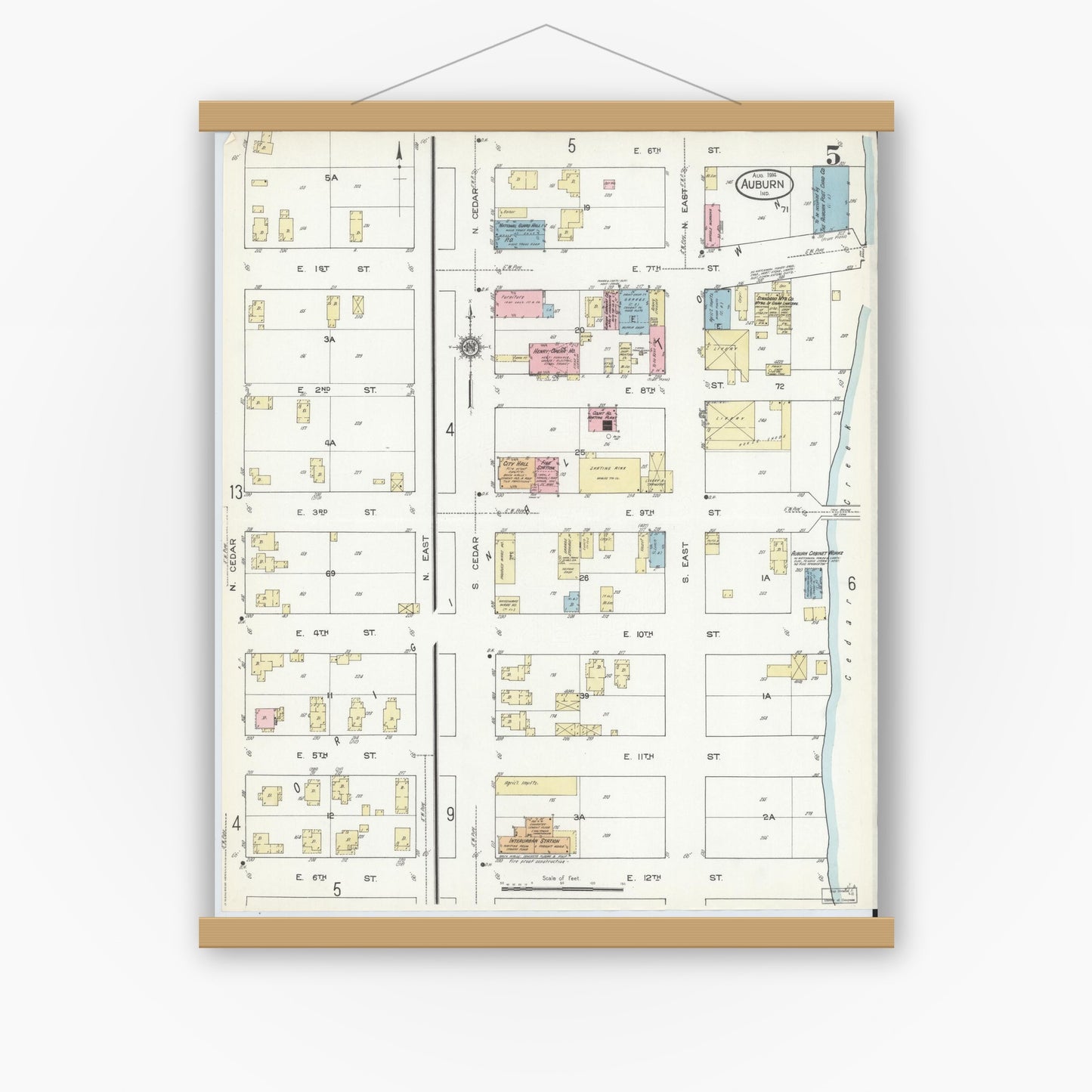 Old map wall art mockup — magnetic wood frame on white wall — Sanborn Fire Insurance Map from Auburn, De Kalb County, Indiana (1914), Sheet #0005