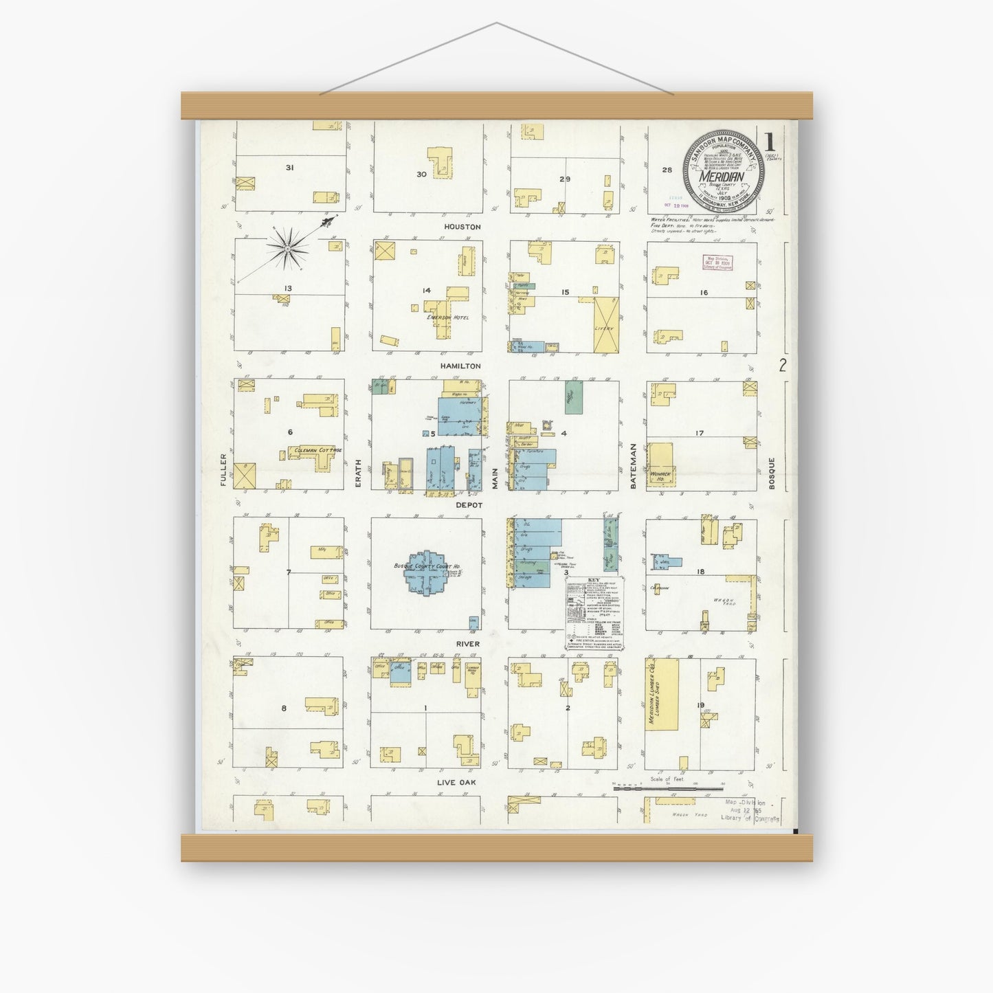 Old map wall art mockup — magnetic wood frame on white wall — Sanborn Fire Insurance Map from Meridian, Bosque County, Texas (1909), Sheet #0001