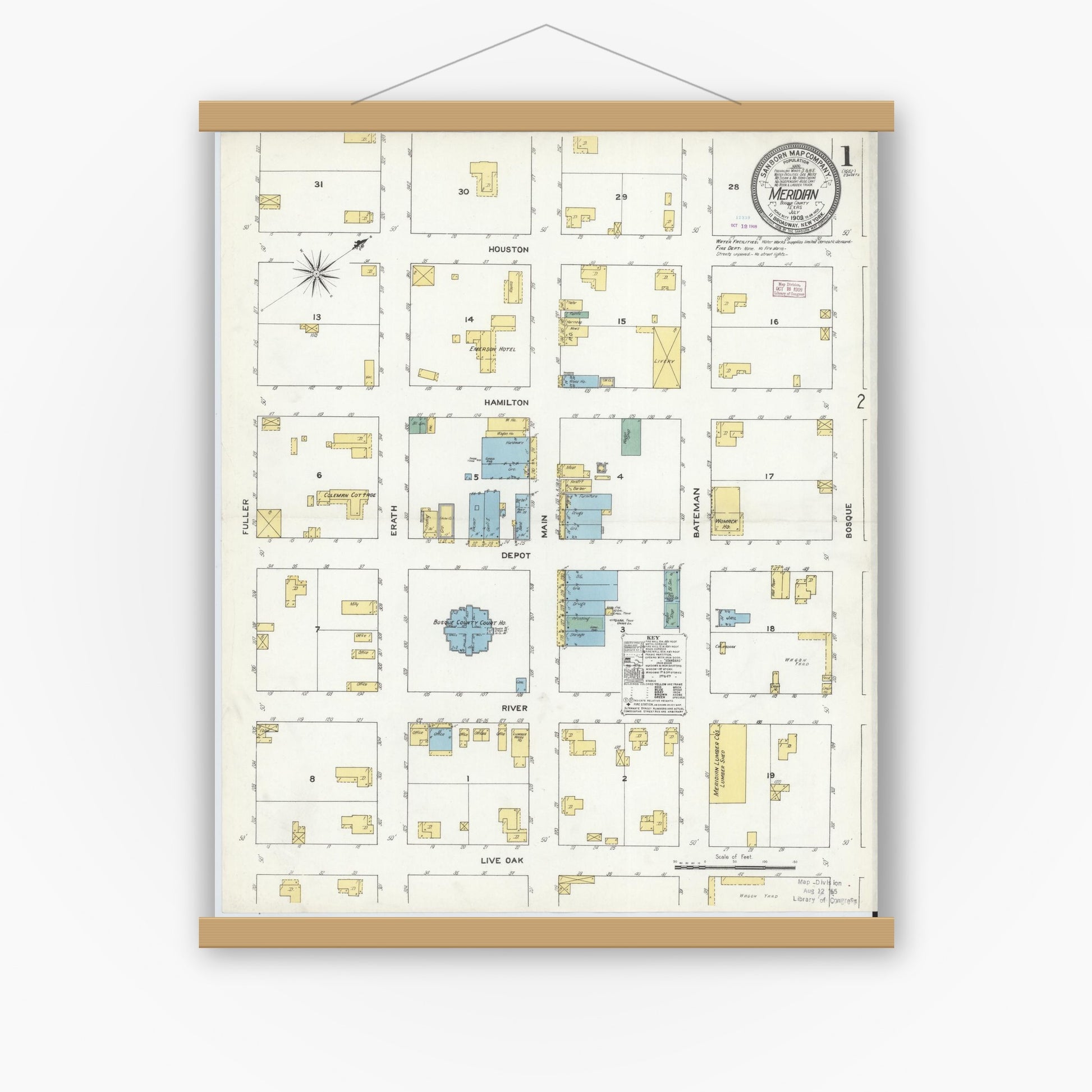 Old map wall art mockup — magnetic wood frame on white wall — Sanborn Fire Insurance Map from Meridian, Bosque County, Texas (1909), Sheet #0001