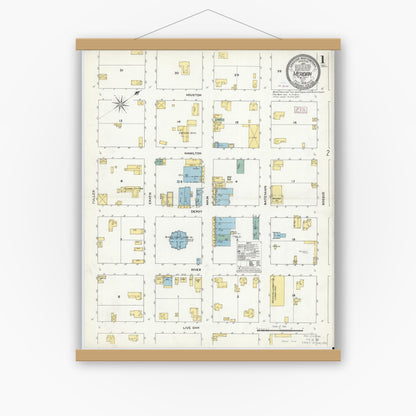 Old map wall art mockup — magnetic wood frame on white wall — Sanborn Fire Insurance Map from Meridian, Bosque County, Texas (1909), Sheet #0001