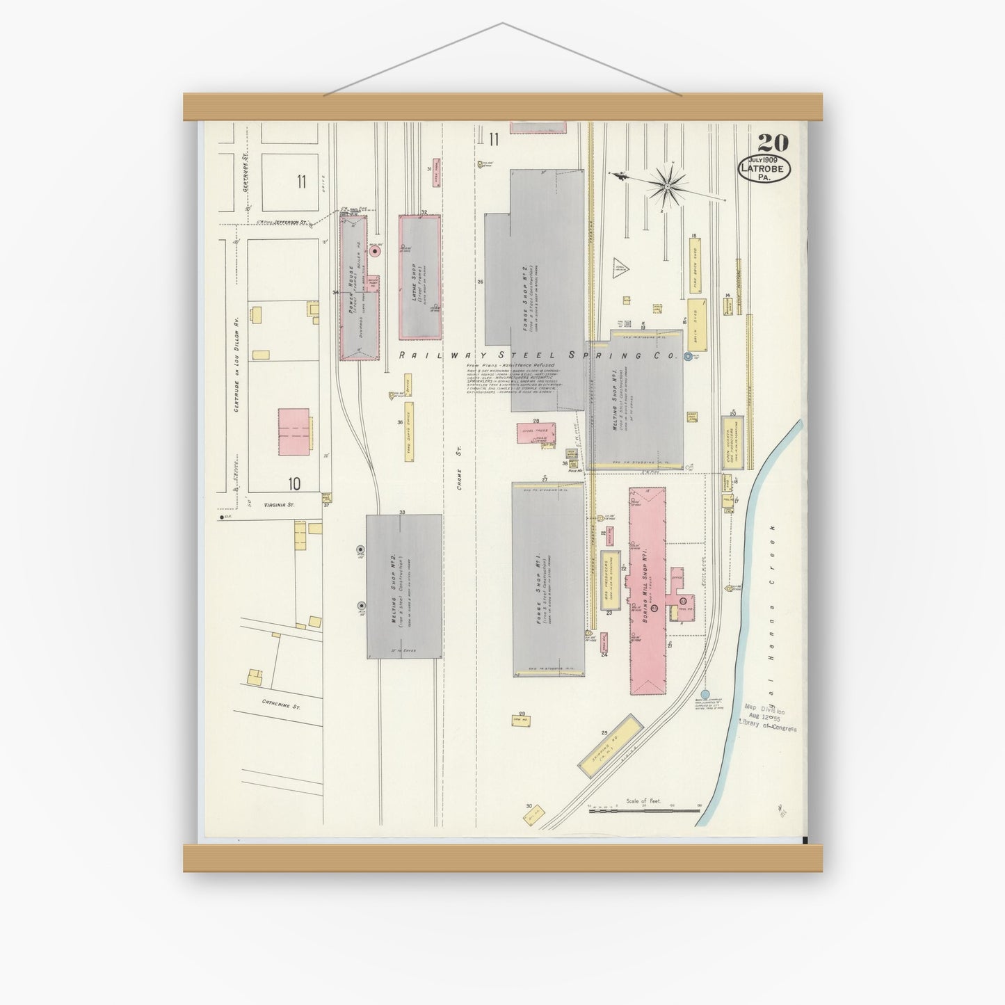 Old map wall art mockup — magnetic wood frame on white wall — Sanborn Fire Insurance Map from Latrobe, Westmoreland County, Pennsylvania (1909), Sheet #0020