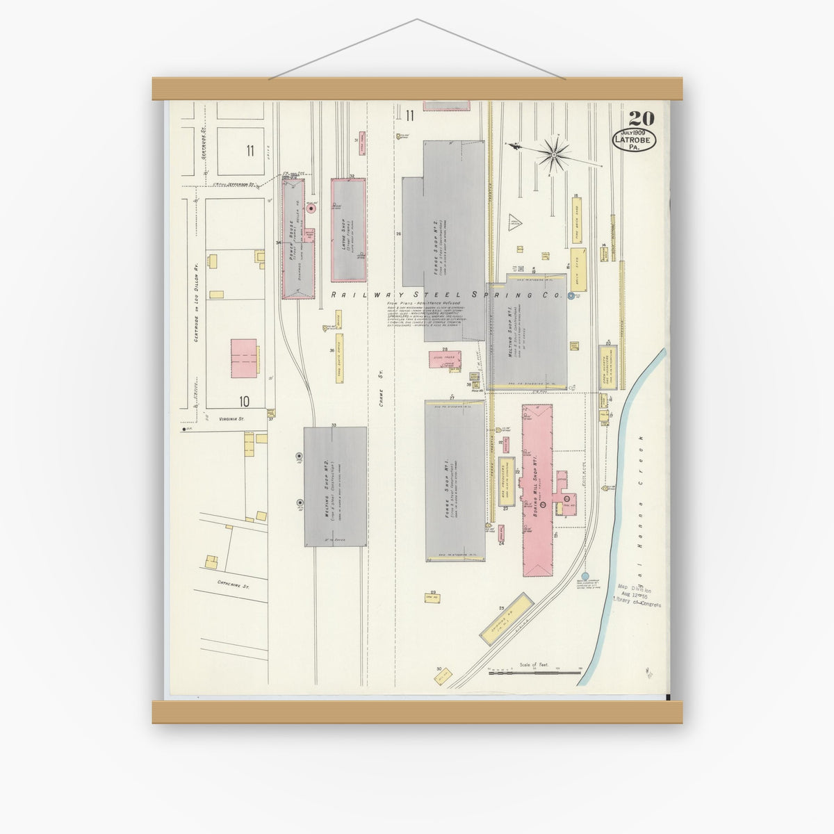 Old map wall art mockup — magnetic wood frame on white wall — Sanborn Fire Insurance Map from Latrobe, Westmoreland County, Pennsylvania (1909), Sheet #0020