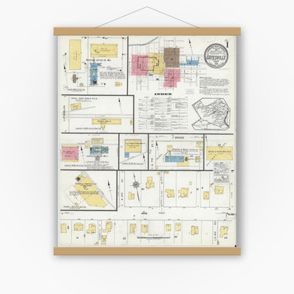 Old map wall art mockup — magnetic wood frame on white wall — Sanborn Fire Insurance Map from Gatesville, Coryell County, Texas (1920) - Complete Map Set