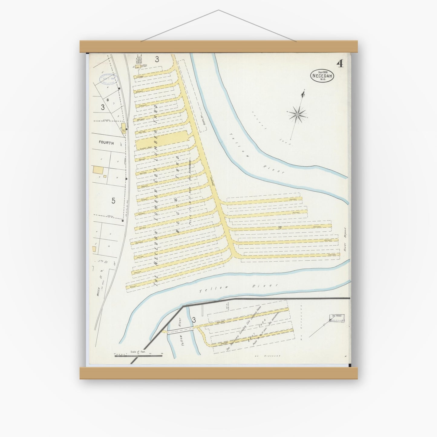 Old map wall art mockup — magnetic wood frame on white wall — Sanborn Fire Insurance Map from Necedah, Juneau County, Wisconsin (1898), Sheet #0004