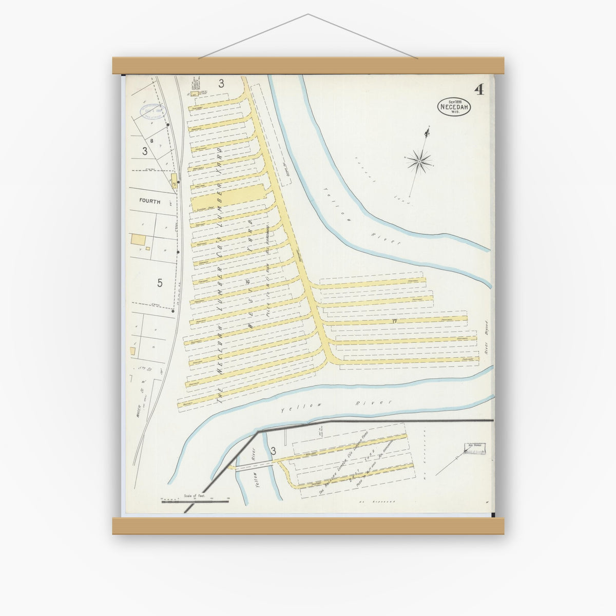 Old map wall art mockup — magnetic wood frame on white wall — Sanborn Fire Insurance Map from Necedah, Juneau County, Wisconsin (1898), Sheet #0004