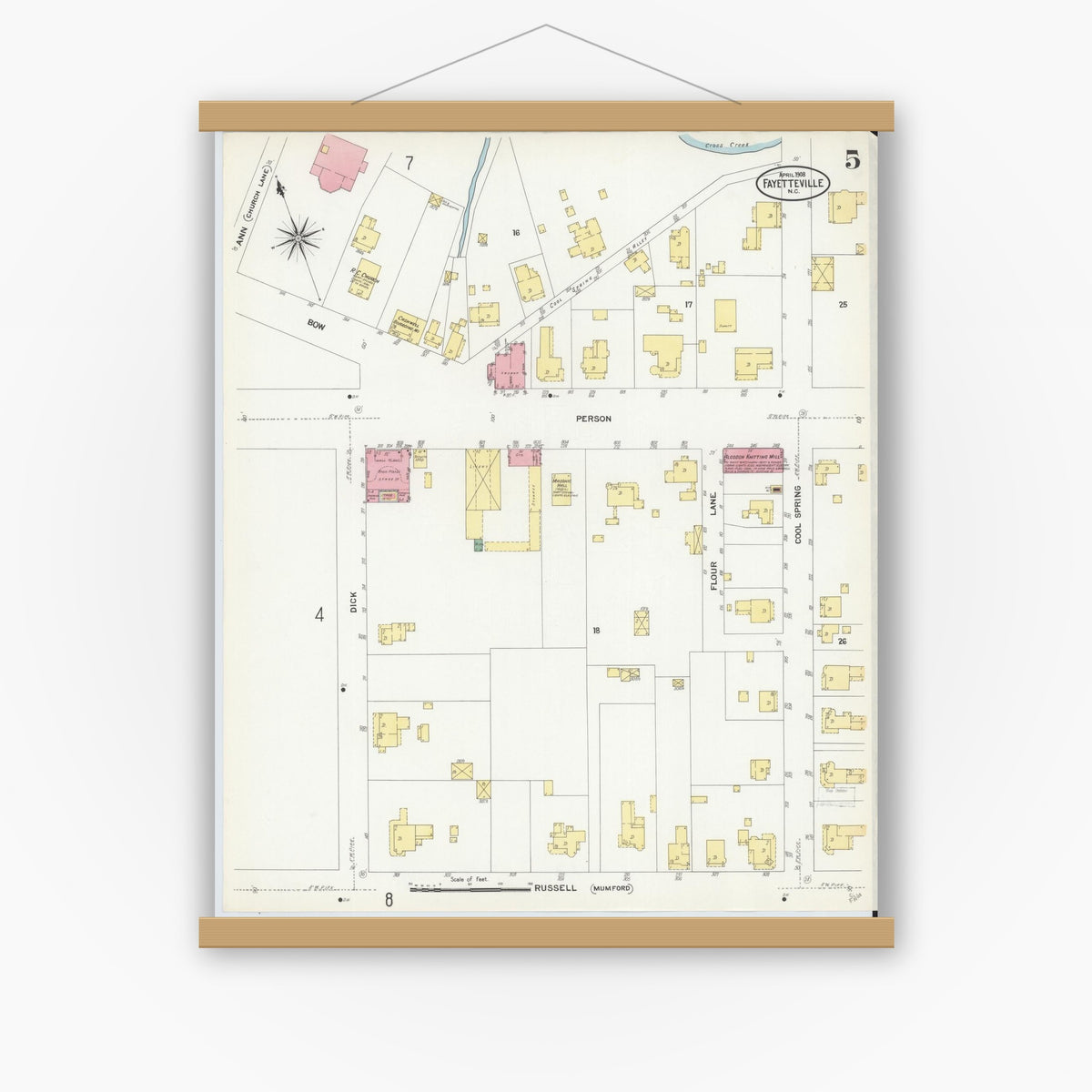Old map wall art mockup — magnetic wood frame on white wall — Sanborn Fire Insurance Map from Fayetteville, Cumberland County, North Carolina (1908), Sheet #0005