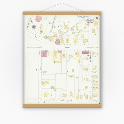 Old map wall art mockup — magnetic wood frame on white wall — Sanborn Fire Insurance Map from Fayetteville, Cumberland County, North Carolina (1908), Sheet #0005