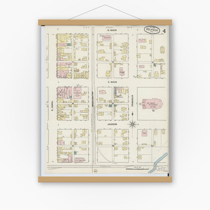 Old map wall art mockup — magnetic wood frame on white wall — Sanborn Fire Insurance Map from Delphos, Van Wert And Allen Counties, Ohio (1888), Sheet #0004